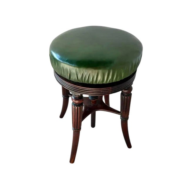 Adjustable English Mahogany Music Stool, Green Leather Seat, C. 1860 For Sale - Image 4 of 8