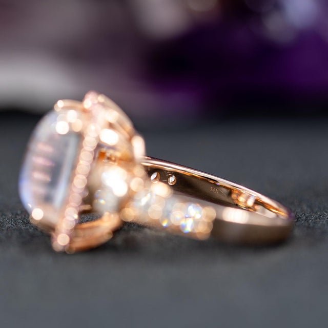 5.9Ct Rainbow Moonstone Ring With Diamond & Pink Sapphire Accents: 14k Gold Ring For Sale - Image 9 of 9
