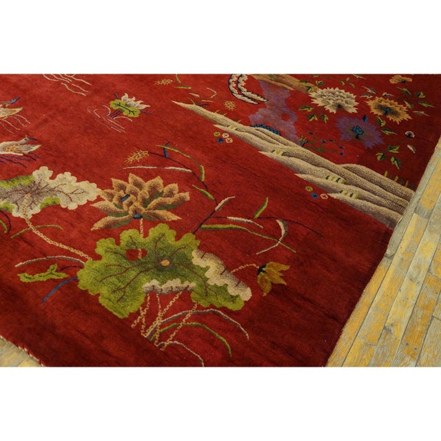 Textile 1920s Red Floral Antique Chinese Art Deco Water Bird Rug 8'2" X 9'8" Wool Carpet For Sale - Image 7 of 10