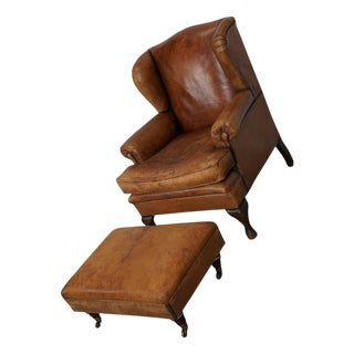 Set of Vintage Dutch Cognac Leather Club Chair and Ottoman For Sale