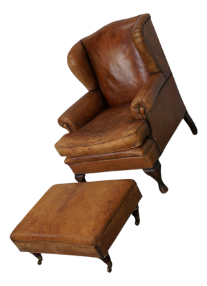 Set of Vintage Dutch Cognac Leather Club Chair and Ottoman