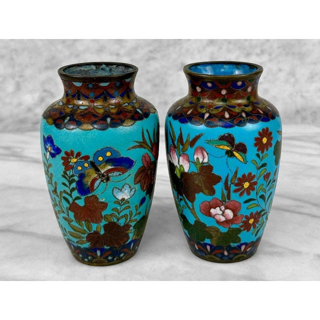 Antique Chinese Cloisonne Turquoise Enamel & Brass Floral Vases, A Pair, c. Early 20th Century - Pairs Nicely with Many...