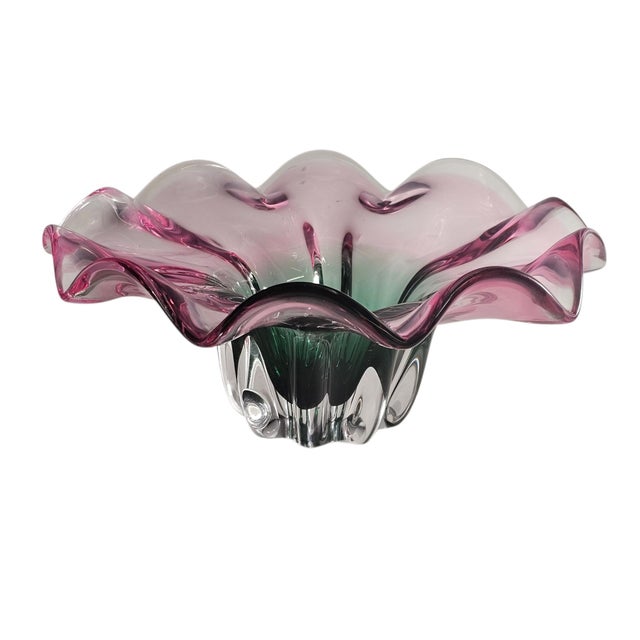 Contemporary Murano Style Sommerso Art Glass Ruffled Centerpiece Bowl Pink Green 20" For Sale - Image 3 of 17
