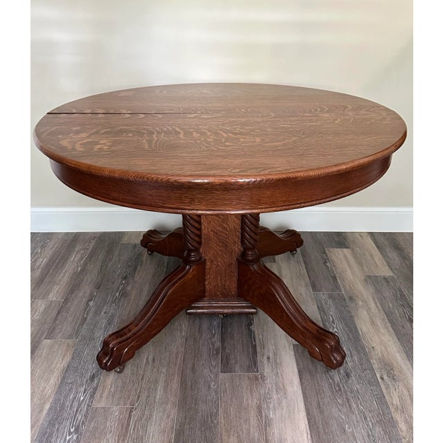 Art Deco Antique 20th Century Tiger Oak Split Pedestal Table With Ornate Carvings & Paw Feet For Sale - Image 3 of 12
