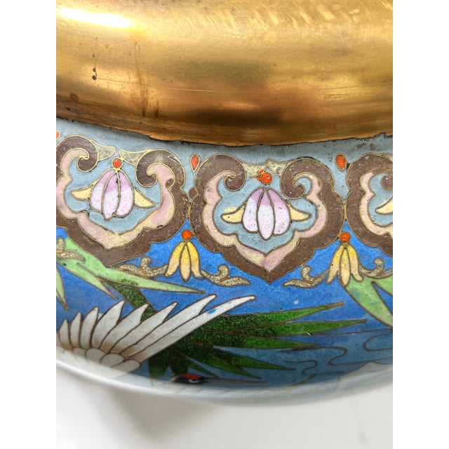 1960s Monumental Handcrafted Cloisonné Enamel Jardiniere With Cranes, Blossoms & Lion Head Handles For Sale - Image 16 of 18