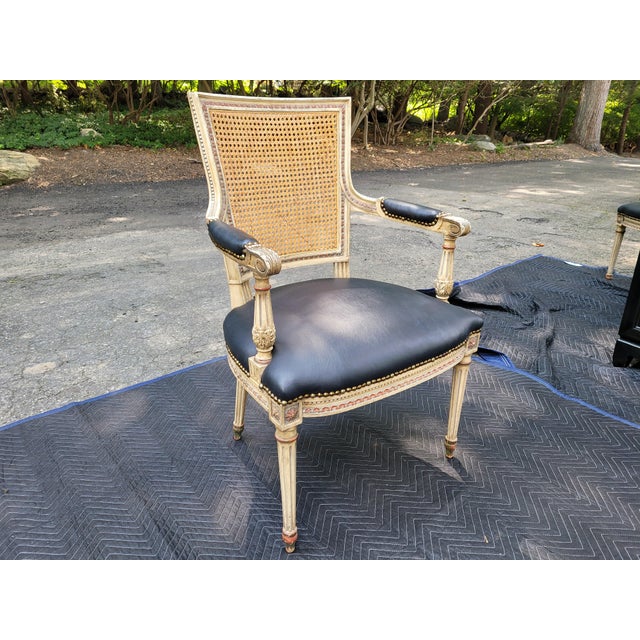 Late 20th Century Late 20th Century Pair of Custom Neo-Classical French Cane Back Chairs With Black Leather Seat For Sale - Image 5 of 9