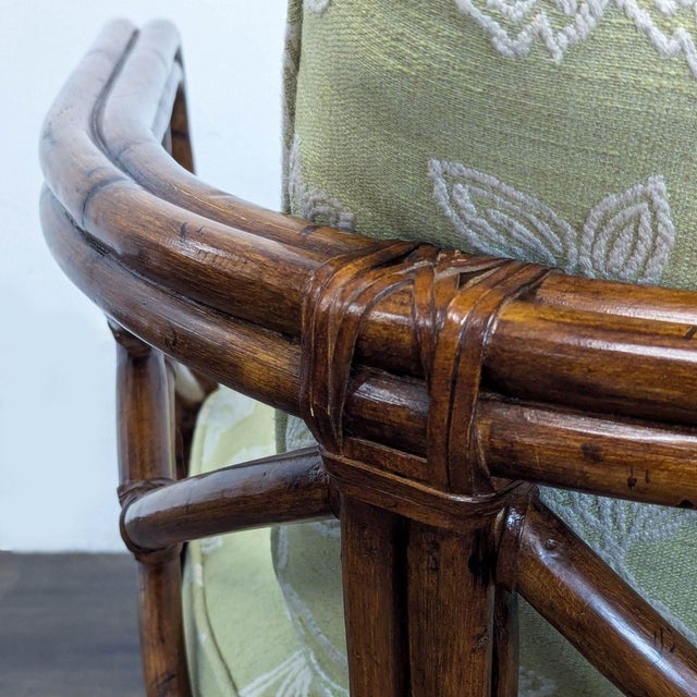 Wood Rattan Lounge Chair With Floral Green Cushions For Sale - Image 7 of 10