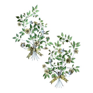 1950 Italian Tole Green and Yellow Floral Wall Candle Sconces - a Pair For Sale