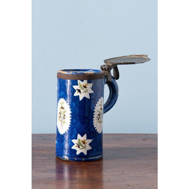 Antique Blue Floral Pewter-Mounted Beer Stein from Brussels Faience, 1800s For Sale - Image 6 of 12