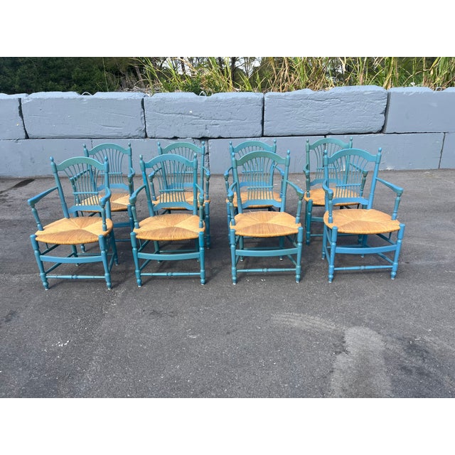 1980s Set of Eight Country French Wheat Sheaf Back Chairs, Rush For Sale - Image 10 of 17