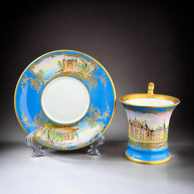 Rococo French Hand-Painted Porcelain Cup and Saucer in the style of Sèvres, 19th Century, Set of 2 For Sale - Image 3 of 13