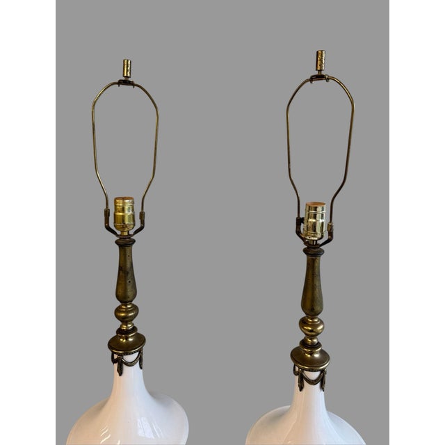 Vintage Pair White Milk Glass & Brass Neoclassical Table Lamps Hollywood Regency Description: Add timeless elegance to...