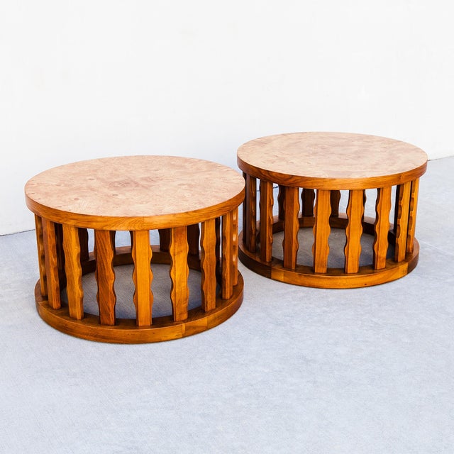 Vintage Mid Century Walnut & Burl Drum Side Tables by Cal Mode For Sale - Image 14 of 15