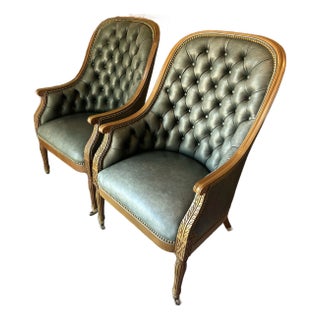 Pair of Hancock & Moore Classic Tufted Leather Bergere Chairs For Sale
