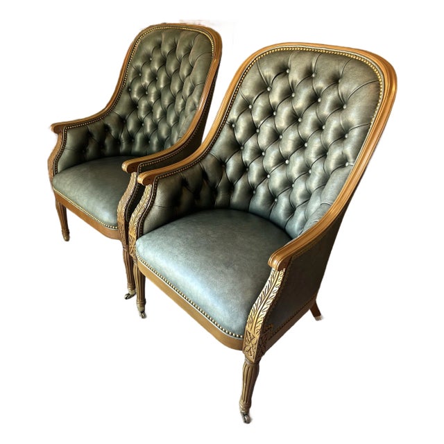 Pair of Hancock & Moore Classic Tufted Leather Bergere Chairs For Sale