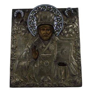 Icon of Saint Nicholas, 1865, Wood and Silver For Sale
