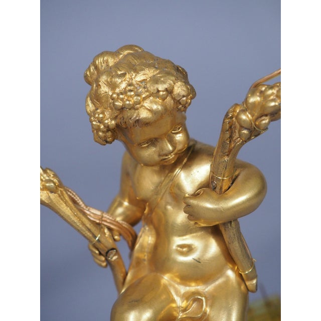 Pair of Refined C. 1850 Louis XVI Style Gilt Bronze and Marble Candelabra Lamps For Sale - Image 14 of 18