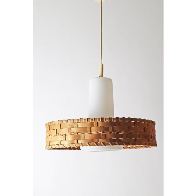 White Mid-Century Modern Glass Pinewood Raffia Hanging Lamp by Doria, 1960s For Sale - Image 8 of 17