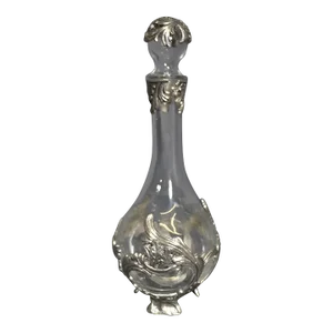 France, 1960s Glass Carafe, on Feet and Pewter Decoration With Its Cap