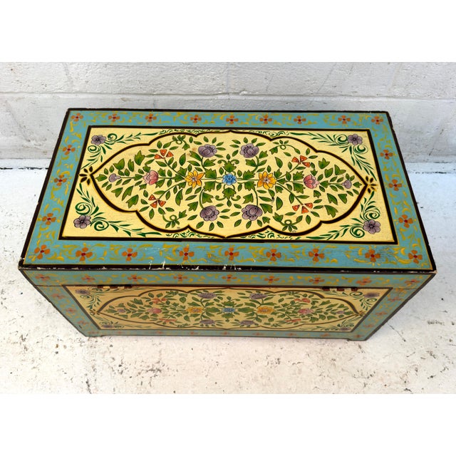 Mid 20th Century Vintage Hand-Painted Wooden Floral Folk Art Storage Trunk For Sale - Image 5 of 13