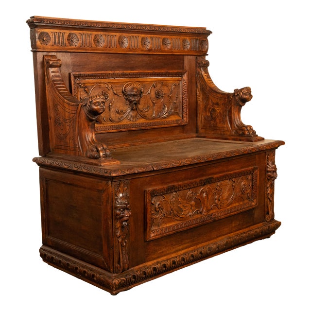 Antique 19th Century Italian Renaissance Revival Carved Walnut Bench Settle 1880 For Sale