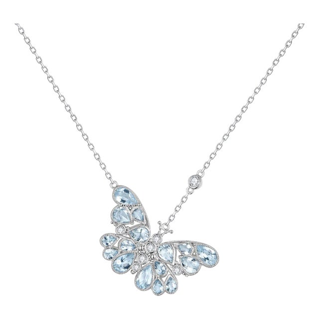 Nina Zhou Aquamarine Diamond Butterfly Pendant Necklace in 14k White Gold For Sale
