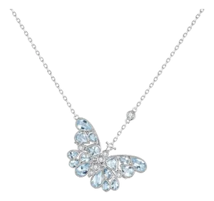 Nina Zhou Aquamarine Diamond Butterfly Pendant Necklace in 14k White Gold