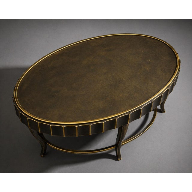Mid 20th Century Hollywood Regency Oval Coffee Table by Decca — Dark Antique Brass Finish With Hand-Gilded Scalloped Apron For Sale - Image 4 of 6