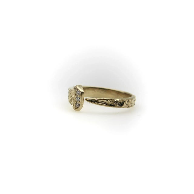 Metal 14k Yellow Gold Hand Engraved Lucky Nail Ring With Diamonds Size 7 For Sale - Image 7 of 9