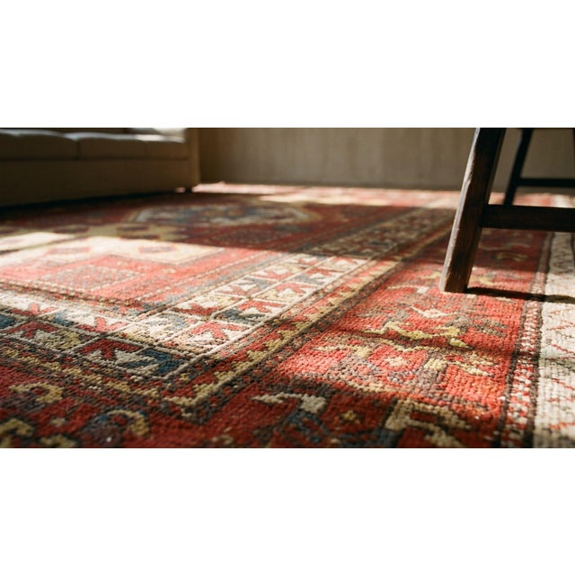 Textile 1890s Red Geometric Tribal Caucasian Kazak Fachralo Rug 6'8" X 7'9" Handknotted Wool Carpet For Sale - Image 7 of 8