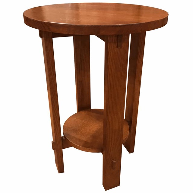 Wood Mission Style Oak Round End Table - Walnut Stain For Sale - Image 7 of 13