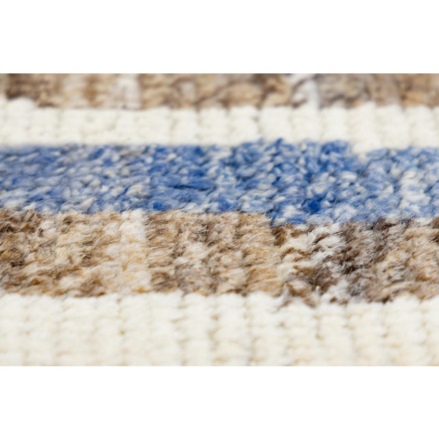 Beige Modern Moroccan Style Handmade Wool Rug With Abstract Stripe Design For Sale - Image 11 of 12