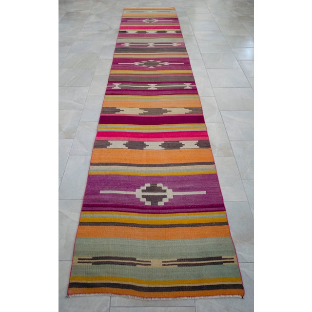 Vintage Turkish Runner Rug Kilim - Handmade Extra Long Hallway Decor , Stair Runner 2′10″ X 15′3″ For Sale - Image 14 of 15