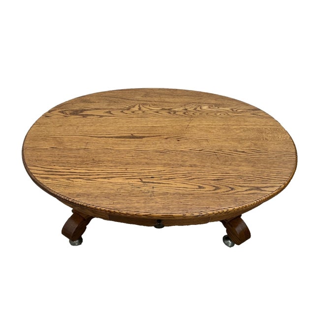 Oval Coffee Table Tiger Oak, Center Drawer, Shelf, Empire Style, Caster Wheels For Sale - Image 4 of 13
