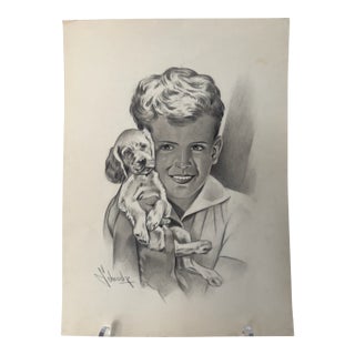 1940s Original Signed Graphite Illustration of Boy Holding Puppy, 12 × 9 In. For Sale