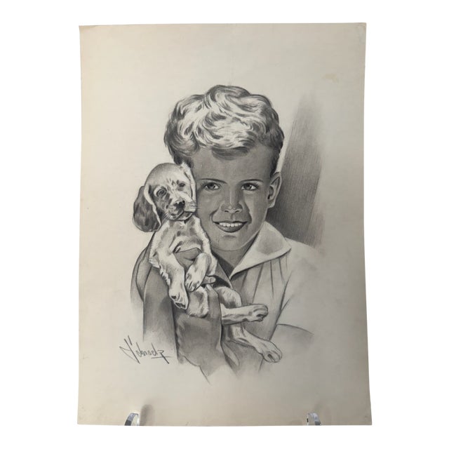 1940s Original Signed Graphite Illustration of Boy Holding Puppy, 12 × 9 In. For Sale