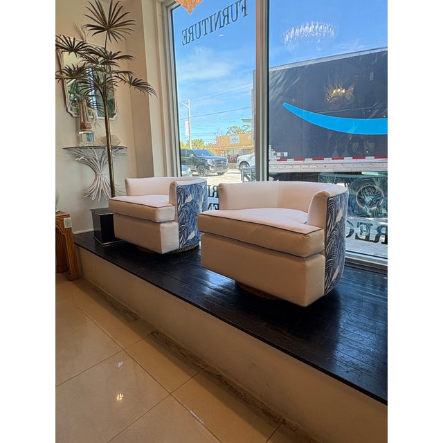 Vintage Pair Swivel Chairs Seagrass Base Blue & White Palm Beach New Upholstery For Sale - Image 12 of 13