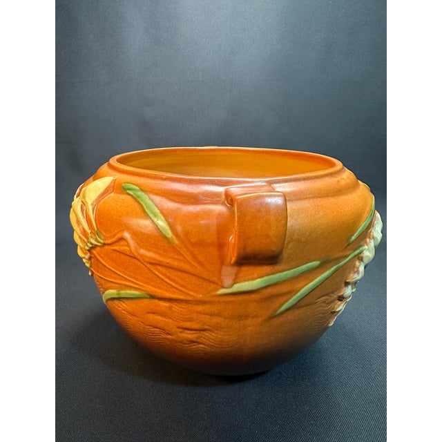 Roseville Pottery 1940's Vintage Art Pottery Roseville Freesia Orange Jardiniere For Sale - Image 4 of 10