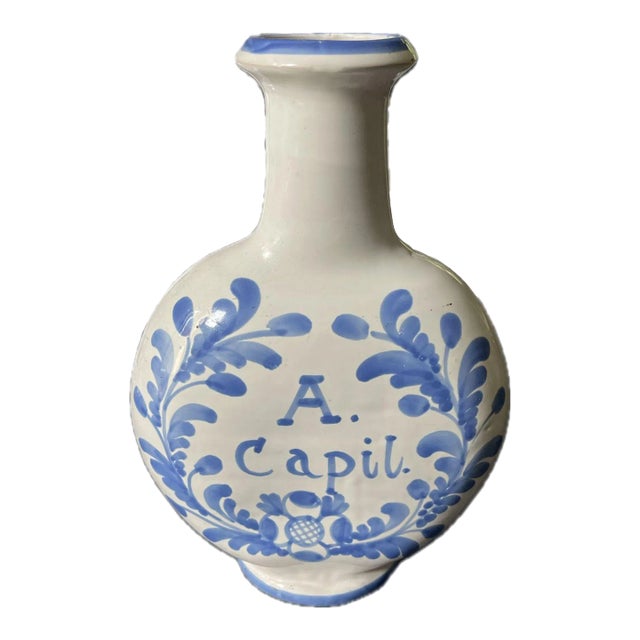 Antique 1910s French Blue & White Terracotta Apothecary Vase For Sale