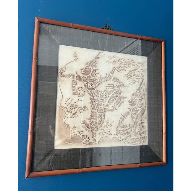Large Southeast Asian Temple Rubbing Figural Panel in Bamboo Frame, Early–Mid 20th Century For Sale - Image 4 of 12