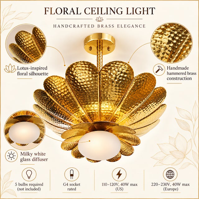 Not Yet Made - Made To Order Handmade Brass Flower Chandelier, Hammered Lotus Ceiling Light, Antique Brass Floral Pendant, Art Deco Luxury Ceiling Fixture 28 Inches For Sale - Image 5 of 14