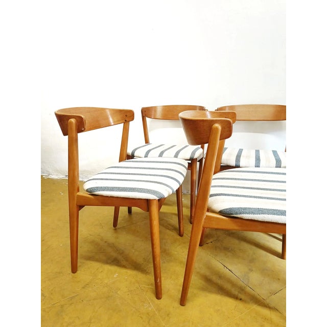 Vintage Danish Chairs with Striped Upholstery, 1950s, Set of 6, in Restored conditions. Designed 1950 to 1959