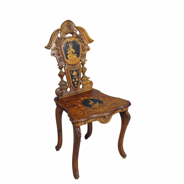 Nutwood Edelweis Marquetry Chair Swiss Brienz 1900 A wonderful inlayed nutwood chair decorated with inlayed and painted...