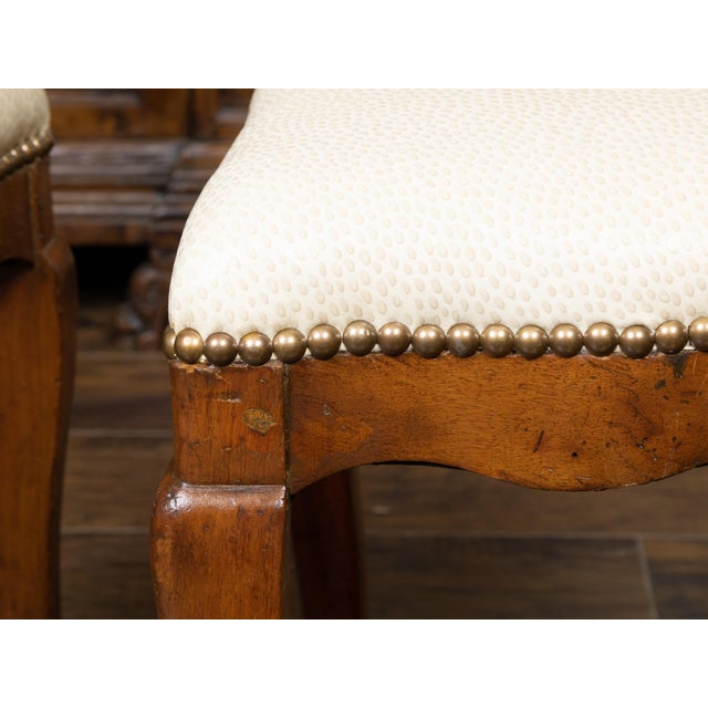 Wood Pair of 19th Century Italian Walnut Stools with Cabriole Legs and New Upholstery For Sale - Image 7 of 7