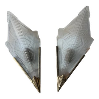 1970s Paris Flea Market, Art Deco Brass Sconces With Detailed Glass - Pair For Sale