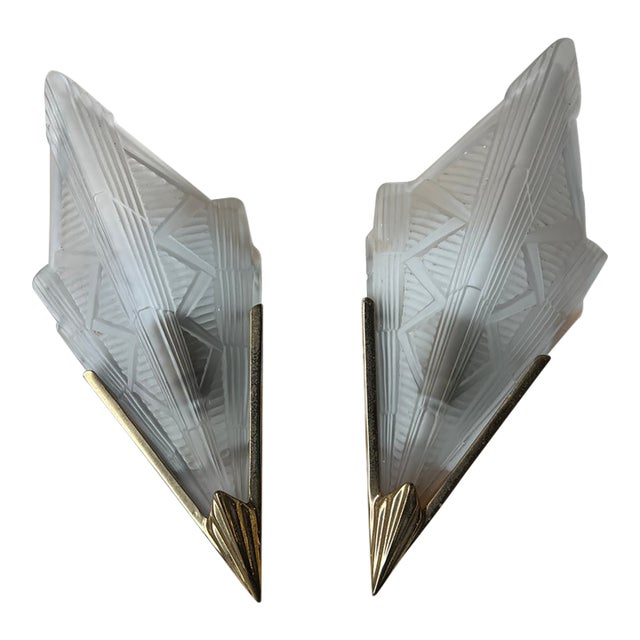 1970s Paris Flea Market, Art Deco Brass Sconces With Detailed Glass - Pair For Sale