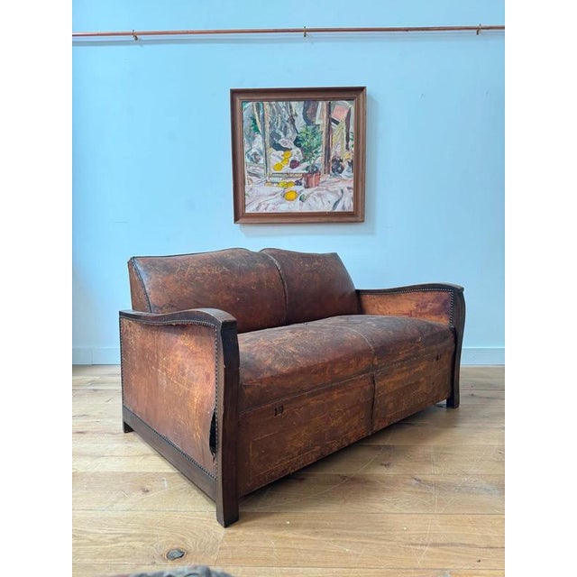 French Leather Mustache Back Sofa Bed, 1930s For Sale - Image 3 of 9