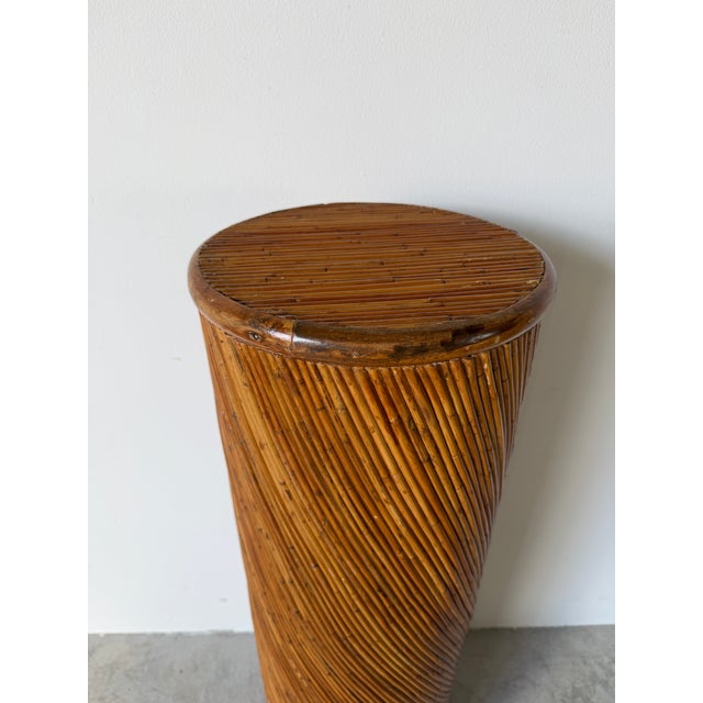 Brown 1970s Vintage Boho Chic Pencil Reed & Wood Cylindrical Pedestal Plant Stand For Sale - Image 8 of 12