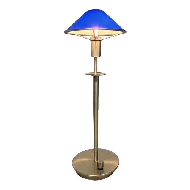 Postmodern German Holtkötter Satin Nickel & Cobalt Blue Glass Desk Lamp For Sale
