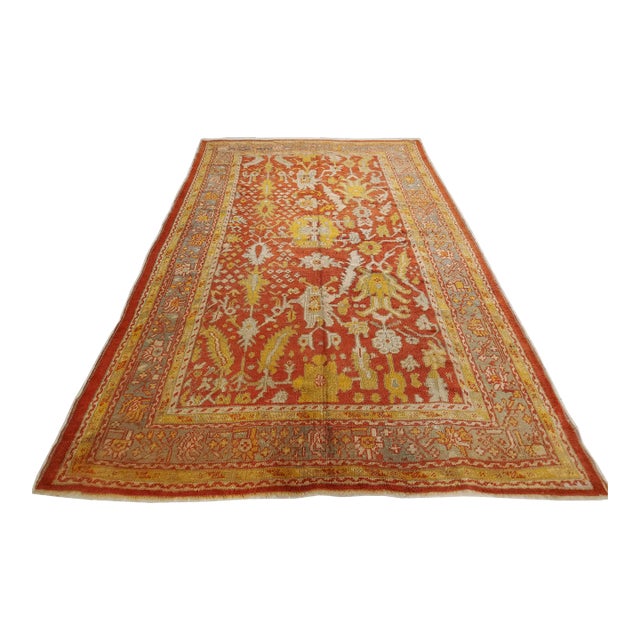 Late 19th Century Antique Oushak Carpet, Oriental Rug, Handmade Rug Saffron, Light Blue and Coral For Sale